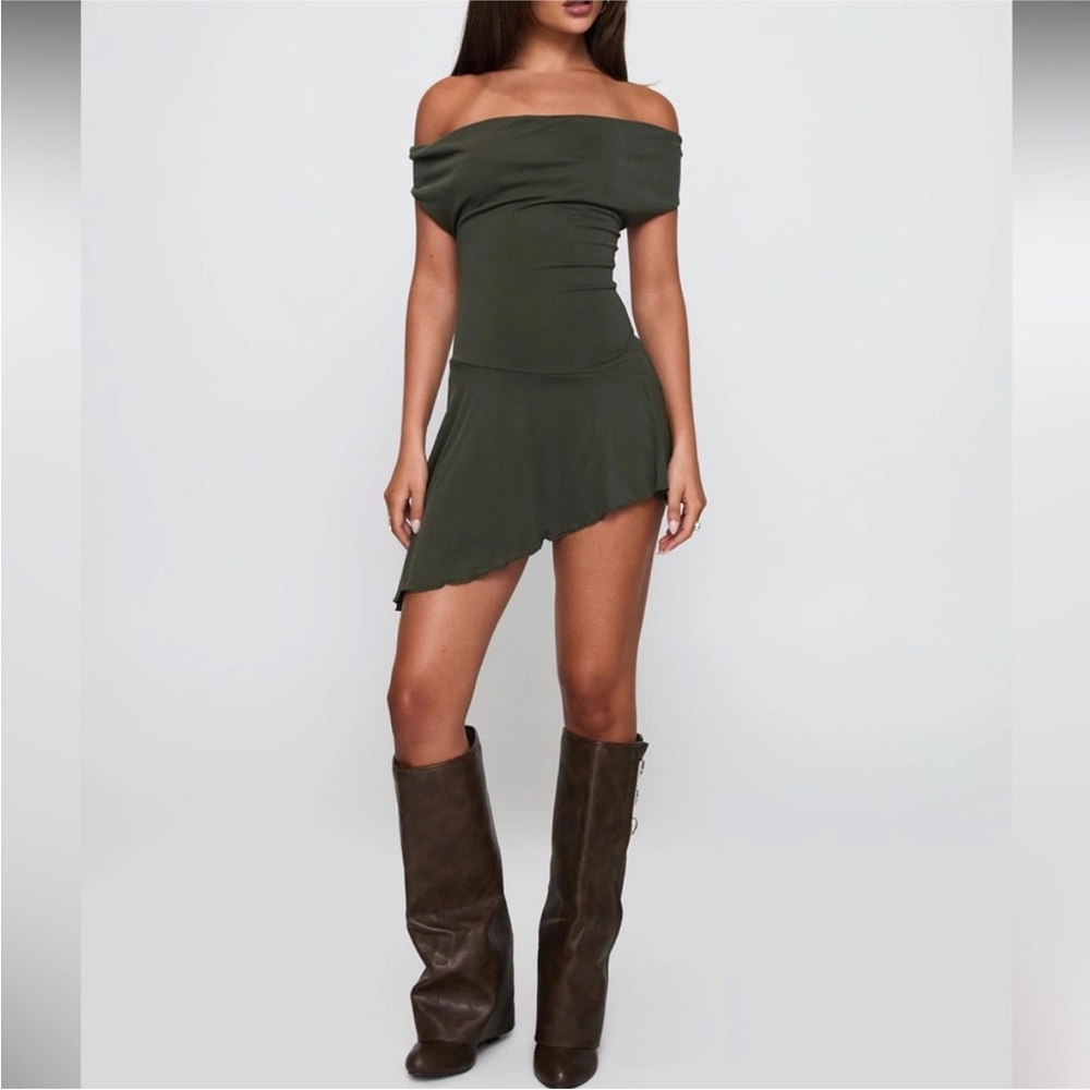 Princess Polly Olive Off-Shoulder Asymmetrical Mini Dress